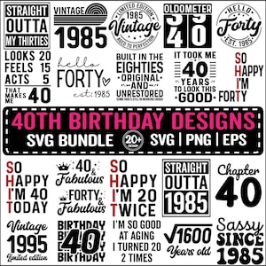 40歳の誕生日のSVGバンドル、1985年のヴィンテージの誕生日プレゼントのアイデア、シャツ用の40のSVG、こんにちは40歳の誕生日のCricutカットファイルの即時ダウンロード