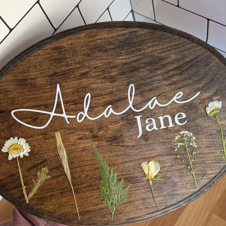 Nursery Name Sign Wood Custom Floral Pressed Flowers Baby Girl Gift ...