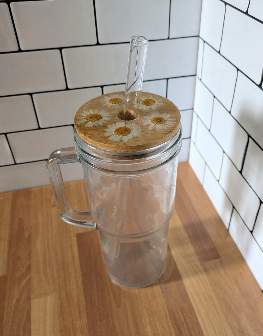 Pressed Flower Glass Coffee Cup With Lid & Straw Daisy Cottagecore - Etsy