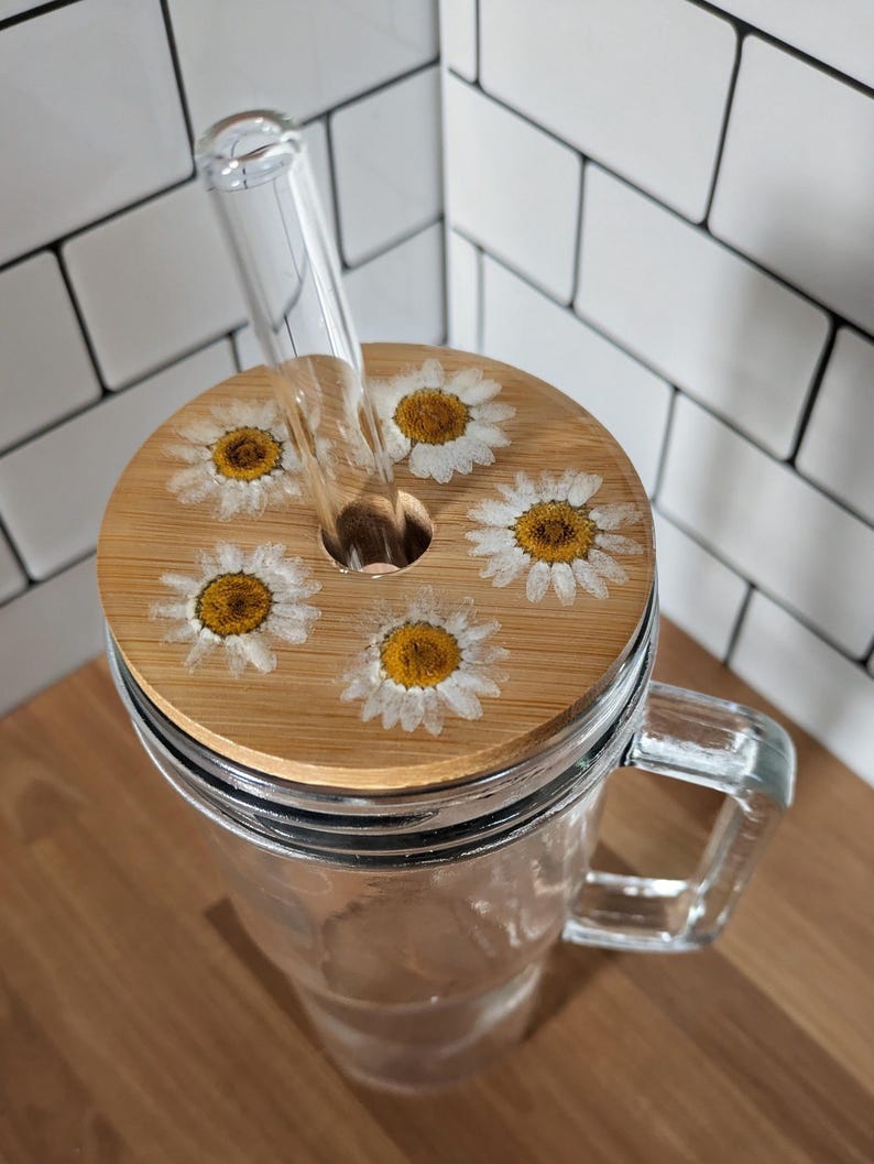 Pressed Flower Glass Coffee Cup With Lid & Straw Daisy Cottagecore - Etsy