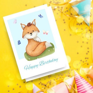 Impression de carte de joyeux anniversaire renard mignonne, à partir d'illustrations originales, carte vierge brillante avec enveloppe blanche