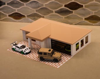 1/64 Scale Toy Garage Diorama: Suburban Home Model with Brown Roof