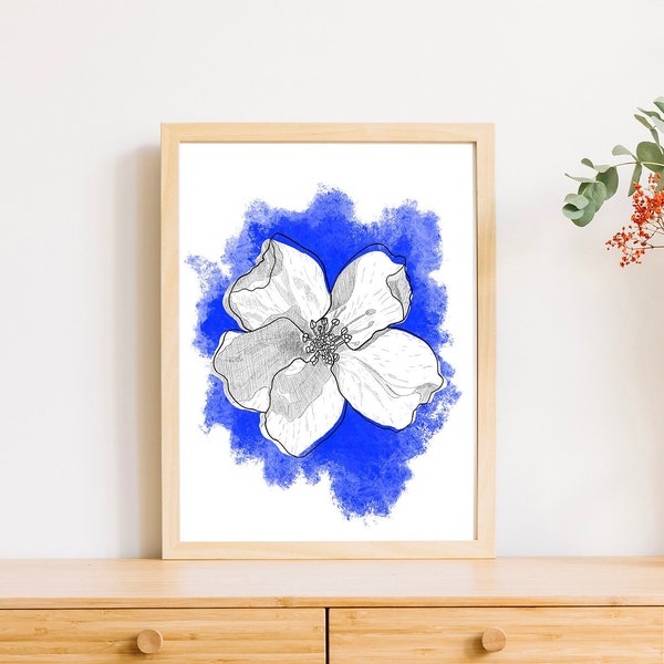 Digital Download Apple Blossom Flower Drawing Printable Art, Hand Made Floral Art, Kobalt Blue Black Graphic Design Style Flower Wall Art