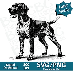 May include: Black and white illustration of a German Shorthaired Pointer dog standing with its tongue out. The image is 300 DPI and is available for digital download and commercial use.
