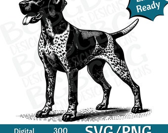 May include: Black and white illustration of a German Shorthaired Pointer dog standing with its tongue out. The image is 300 DPI and is available for digital download and commercial use.