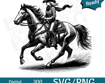 Op de afbeelding: Zwart-witte illustratie van een cowgirl die op een paard rijdt. De cowgirl draagt een cowboyhoed, een geruit overhemd en een spijkerbroek. Het paard rent en zijn staart waait in de wind.