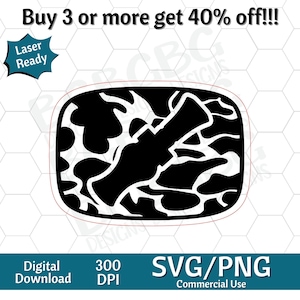 Puede incluir: Diseño digital en blanco y negro con un patrón de camuflaje y una forma central. El diseño está etiquetado como "Laser Ready" y disponible como descarga digital SVG/PNG. El texto "Buy 3 or more get 40% off!!!" está en la parte superior.