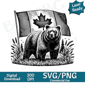 Bär mit kanadischer Flagge SVG PNG, Vektorgrafik, Lasergravur, CNC, Clip Art, Laser bereit, Schneidebretter, personalisierte Geschenke