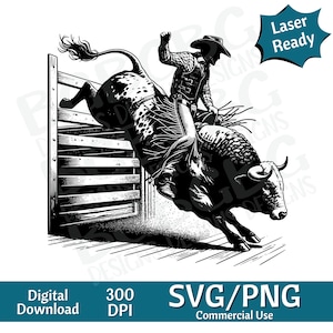 Bucking Bull SVG PNG, Rodeo, Bull Riding PNG, vectorafbeelding, gesneden print, CNC, digitale bestanden, illustraties, silhouet, laser klaar ontwerp