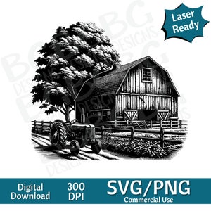 Alte Scheune und Traktor SVG PNG, Vektorgrafik, Lasergravur, cnc, Clip Art, Laser bereit, Schneidebretter, personalisierte Geschenke