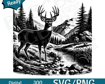 Buck by Mountain Stream SVG PNG, vector graphic, laser engraver, cnc, Clip art, laser ready, cutting boards,  Personalized Gifts