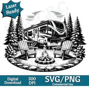 5e wiel RV op camping, Camper SVG PNG, vectorafbeelding, lasergraveur, cnc, illustraties, laser klaar, snijplanken, gepersonaliseerde geschenken