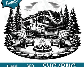 5th Wheel RV at Camp Ground, Camper SVG PNG, vector graphic, laser engraver, cnc, Clip art, laser ready, cutting boards,  Personalized Gifts