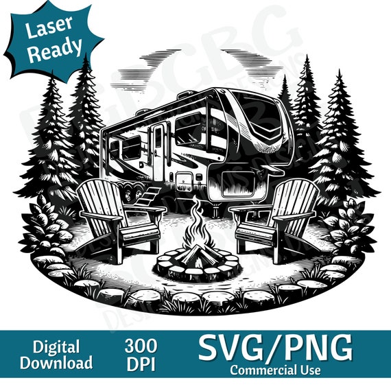 5th Wheel RV at Camp Ground, Camper SVG PNG, vector graphic, laser engraver, cnc, Clip art, laser ready, cutting boards,  Personalized Gifts