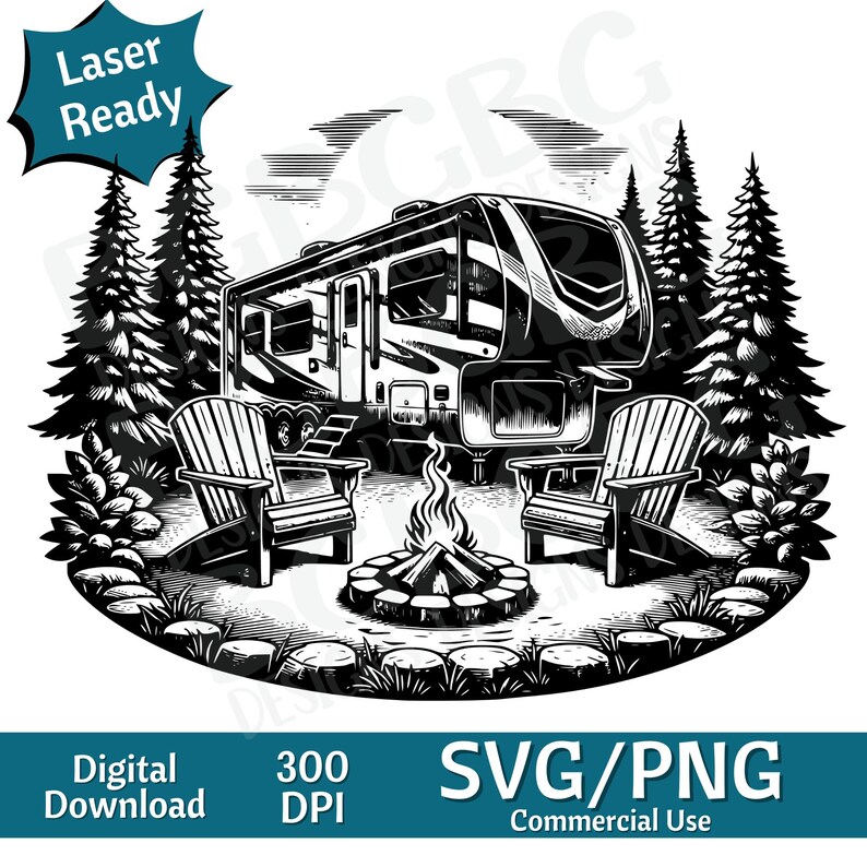 May include: Black and white illustration of a camper van parked in a forest setting. Two chairs are placed in front of a campfire. The text "Laser Ready" is in a speech bubble above the camper.