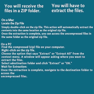 May include: Instructions on how to extract files from a ZIP folder on a Mac and PC. The text explains how to double-click on the ZIP file on a Mac to extract the files. On a PC, the text explains how to right-click on the ZIP file and choose the "Extract" or "Extract All" option.