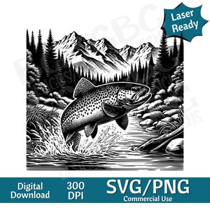 Trucha saltadora en Mountain Stream SVG PNG, gráfico vectorial, grabador láser, cnc, Clip art, listo para láser, tablas de cortar, regalos personalizados