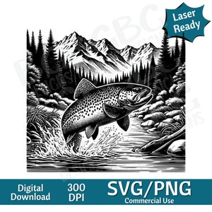 Saut de truite dans un ruisseau de montagne SVG PNG, image vectorielle, graveur laser, cnc, clipart, prêt pour le laser, planches à découper, cadeaux personnalisés