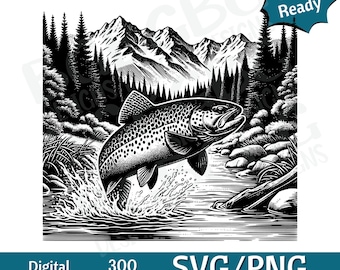 Jumping Trout in Mountain Stream SVG PNG, vector graphic, laser engraver, cnc, Clip art, laser ready, cutting boards,  Personalized Gifts