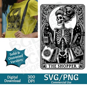 The Shopper Tarot Card SVG PNG , Compras, , Diseño de Sublimación, Esqueleto, Sarcástico, Tarot Card Svg, Grabado láser