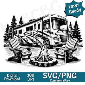 Klasse A RV op camping, Camper SVG PNG, vectorafbeelding, lasergraveur, cnc, illustraties, laser klaar, snijplanken, gepersonaliseerde geschenken