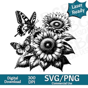 Vlinders en zonnebloem lente SVG PNG, vectorafbeelding, lasergraveur, cnc, illustraties, laser klaar, snijplanken, gepersonaliseerd cadeau