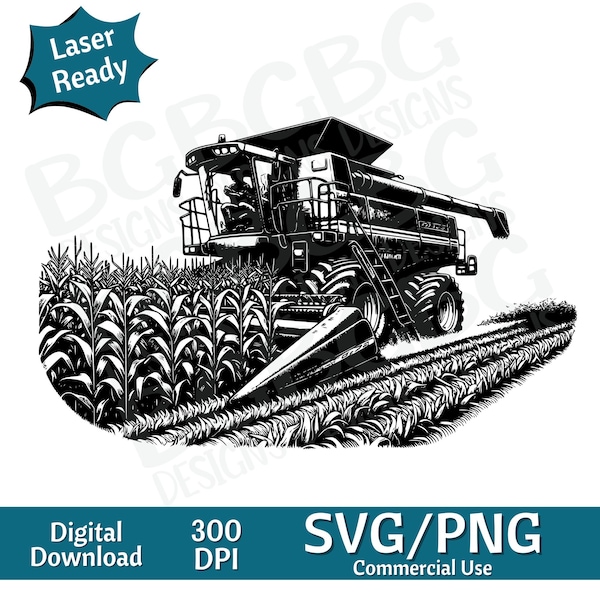 Combine Harvesting Corn SVG PNG, vector graphic, laser engraver, cnc, Clip art, laser ready, cutting boards,  Personalized Gifts