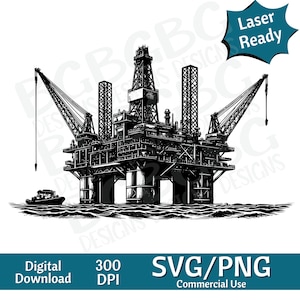 Platforma wiertnicza SVG PNG, Platforma wiertnicza Off Shore, grafika wektorowa Ocean SVG, grawer laserowy, CNC, Clipart, gotowy do użycia lasera, deski do krojenia, Spersonalizowany prezent