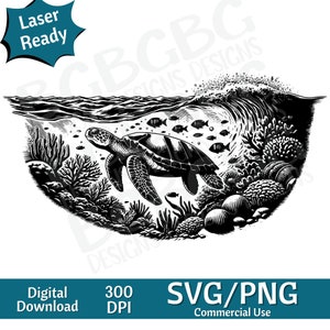 Meeresschildkröte unter Wasser SVG PNG, Ocean Vektorgrafik, Lasergravur, Cnc, Clip Art, Laser bereit, Schneidebretter, personalisierte Geschenke