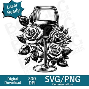 Glas wijn met rozen, SVG PNG, vectorafbeelding, lasergraveur, cnc, illustraties, laser klaar, snijplanken, gepersonaliseerde geschenken