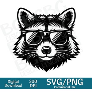 Waschbär Kopf mit Sonnenbrille SVG PNG, Vektorgrafik, Laser Engraver, Cnc, Clip Art