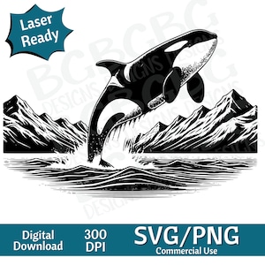Orka springen SVG PNG, Orca, Oceaan SVG vectorafbeelding, lasergraveur, CNC, illustraties, laser klaar, snijplanken, gepersonaliseerd cadeau