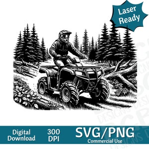 VTT sentier boisé SVG PNG, Quad, 4 roues, illustration vectorielle, graveur laser, cnc, clipart, prêt pour le laser, planches à découper, cadeaux personnalisés