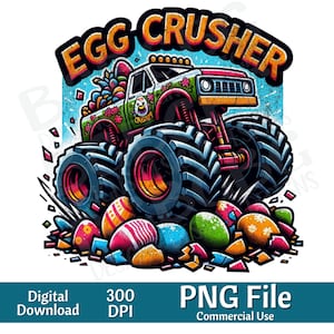 May include: A cartoon monster truck with a white cab and green and red accents is driving over a pile of colorful Easter eggs. The truck is labeled "Egg Crusher".