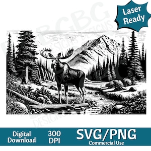 Moose door Mountain Stream SVG PNG, vectorafbeelding, lasergraveur, cnc, illustraties, laser klaar, snijplanken, gepersonaliseerde geschenken