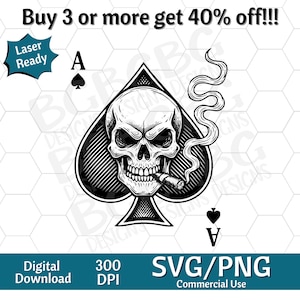 Skull Smoking Ace of Spades SVG PNG, Sublimeringsdesign, Skelett, Sarkastisk, Tarotkort Svg, Lasergravyr
