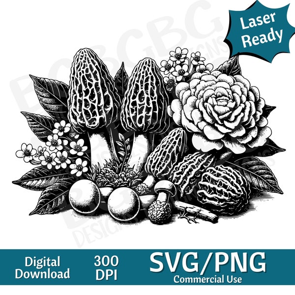 Morel Mushrooms  and Flowers SVG PNG, vector graphic, laser engraver, cnc, Clip art, laser ready, cutting boards, Personalized Gift