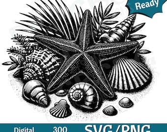 Starfish and Seashells SVG PNG, Ocean svg vector graphic, laser engraver, cnc, Clip art, laser ready, cutting boards,  Personalized Gift