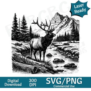 Elanden naast Mountain Stream SVG PNG, vectorafbeelding, lasergraveur, cnc, illustraties, laser klaar, snijplanken, gepersonaliseerde geschenken