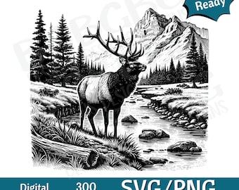 Elk beside Mountain Stream SVG PNG, vector graphic, laser engraver, cnc, Clip art, laser ready, cutting boards,  Personalized Gifts
