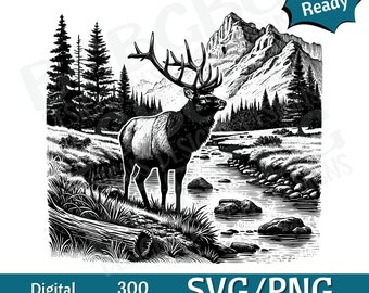 Elk beside Mountain Stream SVG PNG, vector graphic, laser engraver, cnc, Clip art, laser ready, cutting boards,  Personalized Gifts