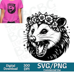 Opossum SVG Opossum Kopf Blumen, Opossum Kopf SVG, Opossum Clipart, Opossum mit Blumen SVG, Vektorgrafik, Laser Engraver, Cnc, Clip Art