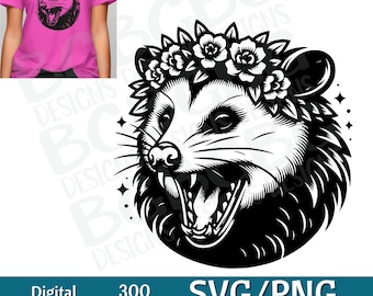 May include: Black and white illustration of an opossum with a flower crown. The opossum is shown with its mouth open, as if it is snarling. The image is set against a white background.