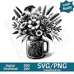 Flores silvestres em jarra, flores de primavera SVG PNG, gráfico vetorial, gravador a laser, cnc, clip art, pronto para laser, tábuas de corte, presentes personalizados