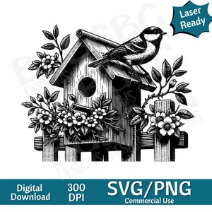 May include: Black and white illustration of a birdhouse with a bird perched on top. The birdhouse is surrounded by flowers and vines. The image is in a vintage style and is perfect for crafting projects.