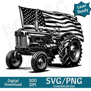 May include: Black and white illustration of a vintage tractor with an American flag draped over the cab. The tractor has large wheels and a detailed engine. The image is labeled "Laser Ready" and "300 DPI".