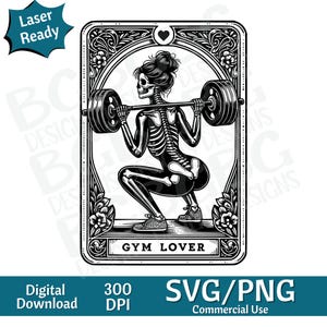 Gym Lover Tarot Card SVG PNG, Mujer, Amante del entrenamiento, Fitness, Mascotas, Diseño de sublimación, Esqueleto, Sarcástico, Tarot Card Svg, Grabado láser