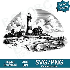 Light House on beach SVG PNG, vida na ilha, gráfico vetorial, gravador a laser, cnc, Clip art, pronto para laser, tábuas de corte, presentes personalizados
