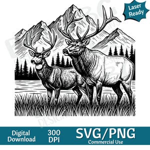 Alce y ciervo mulo en el valle de montaña SVG PNG, gráfico vectorial, grabador láser, CNC, imágenes prediseñadas, listo para láser, tablas de cortar, regalos personalizados