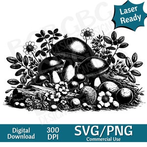 Mushrooms  and Flowers SVG PNG, vector graphic, laser engraver, cnc, Clip art, laser ready, cutting boards, Personalized Gift
